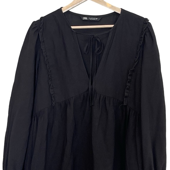 Zara Balloon Sleeve Ruffle Baby Doll A Line Tiered Mini Dress Size L Black - Picture 5 of 13